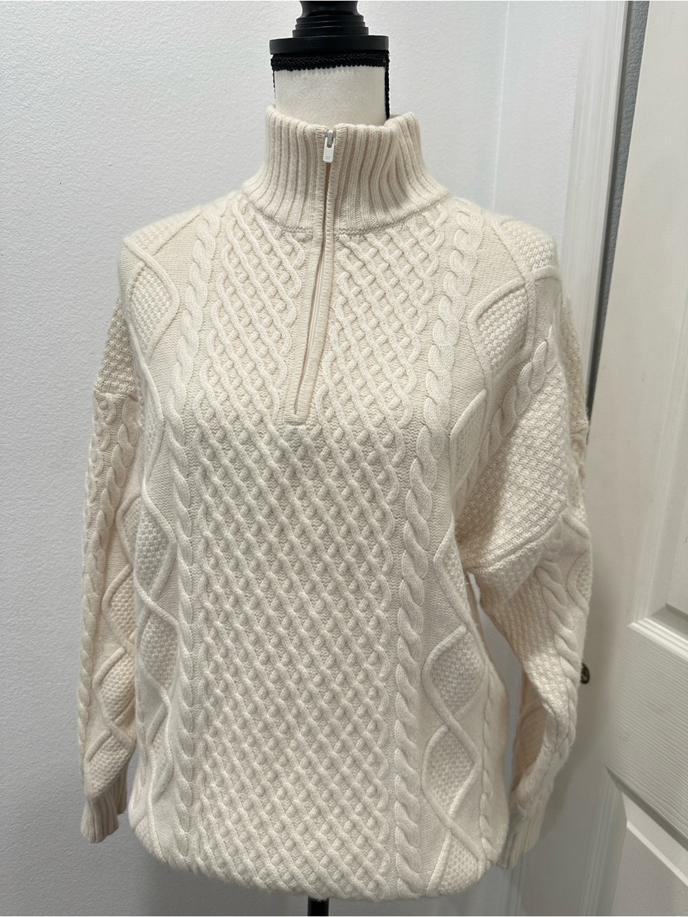Sunday Best Cream Cable-Knit Half-Zip Turtleneck Sweater    cream color
